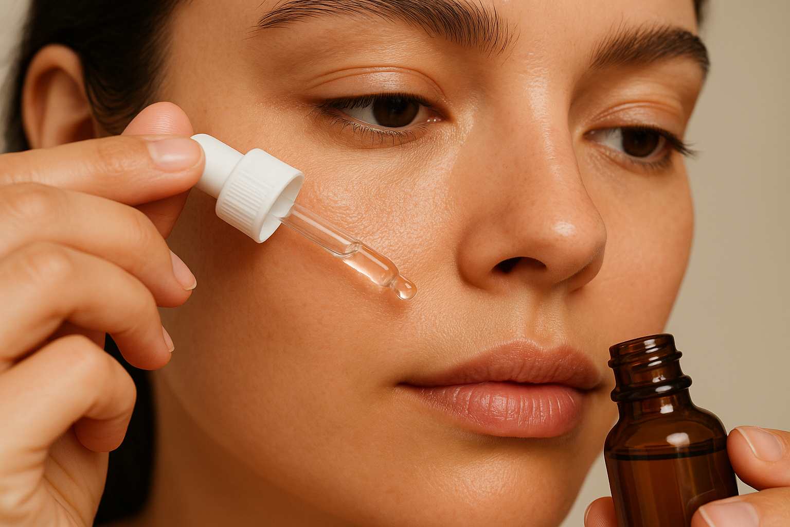 can you create a close up a woman about to put a serum on her face make it very close to her face