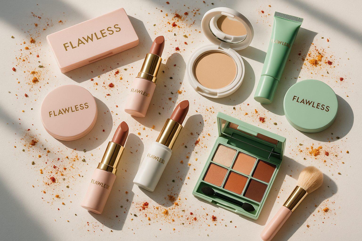 create me an video of the pink white green makeup with the logo Flawless lay on the white floor witht the shadow and spice all over the place